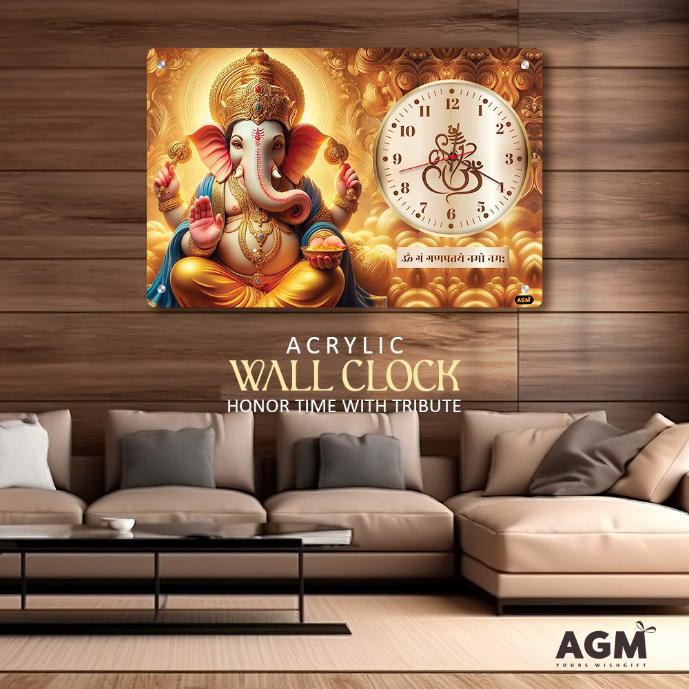 Wall Decor Clock - Time Meets Serenity - Lora Ganesha - Glowing Golden
